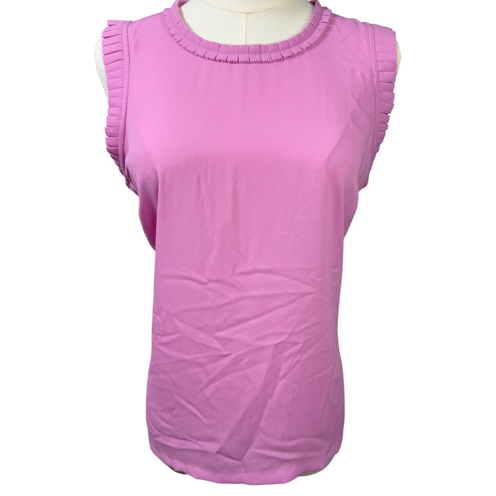 J Crew Sleeveless Blouse Pink Pleated Ruffle Trim Keyhole Back Bow Sz S Sz 6